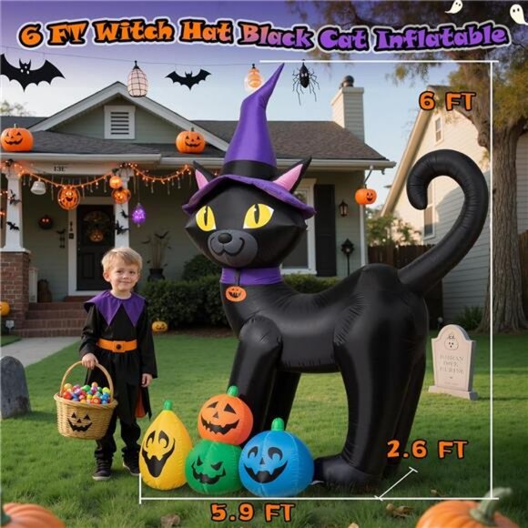6FT Halloween Inflatable Black Cat with Witch Hat and 4 Colorful Pumpkins - Picture 2 of 7